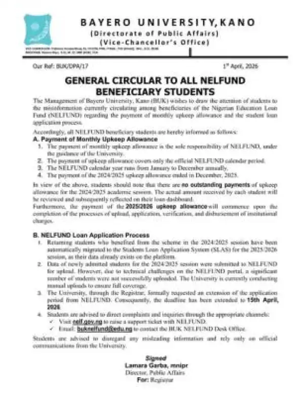 BUK notice to NELFUND Beneficiaries