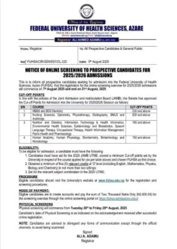 FUHSA Post-UTME 2025: cut-off mark, eligibility and registration details