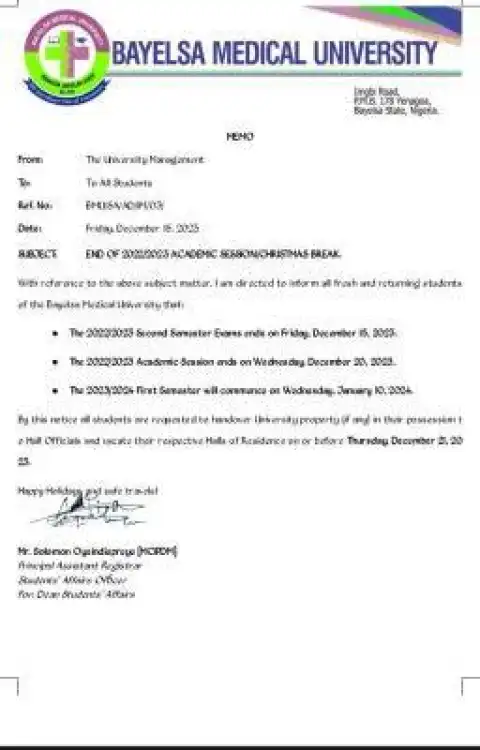 BMU notice of Christmas break and end of 2022/2023 academic session