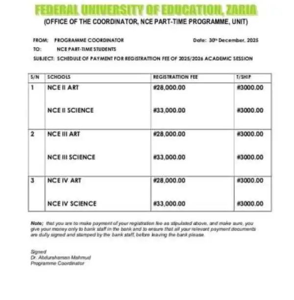FUE Zaria registration fee schedule for NCE Part-Time students (2025/2026 Session)