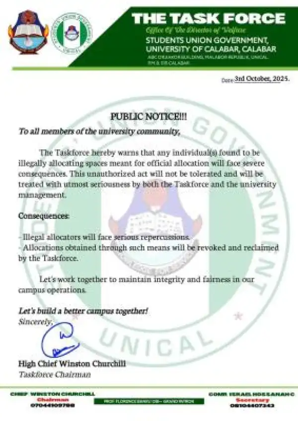 UNICAL SUG warns students against illegal space allocation