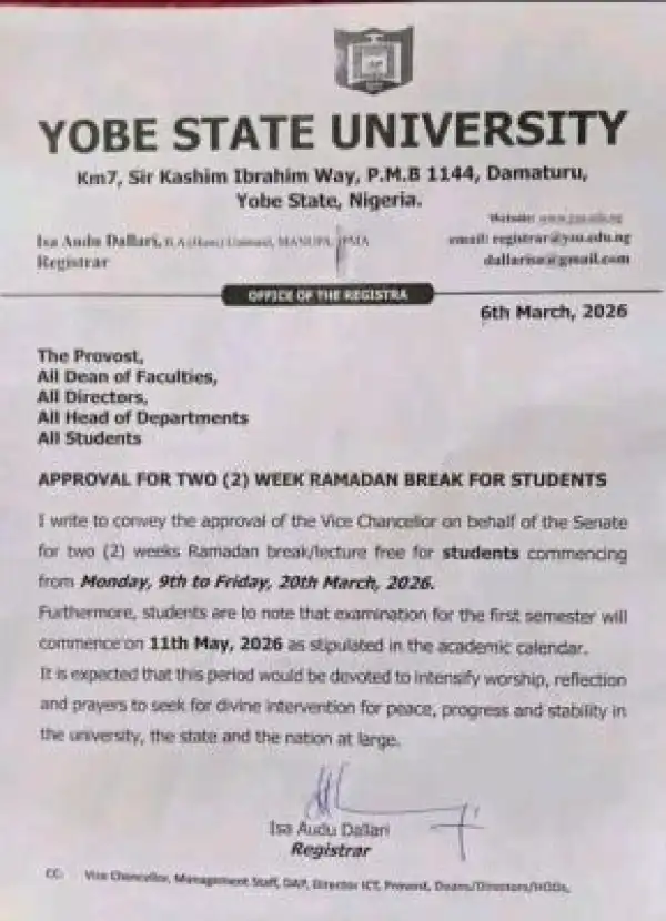 Yobe State University approves Two-Week Ramadan break for Students