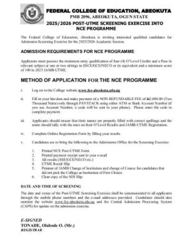 FCE Abeokuta Post-UTME 2025: cut-off mark, eligibility and registration details