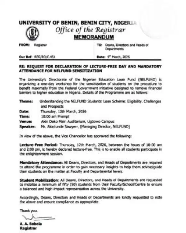 UNIBEN announces Lecture-Free Period for NELFUND Sensitization Workshop