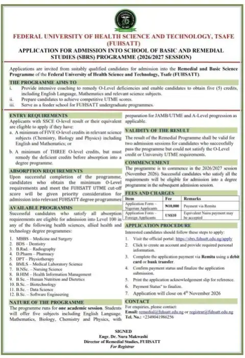 FUHSATT Opens Admission for 2026/2027 Remedial and Basic Studies Programme