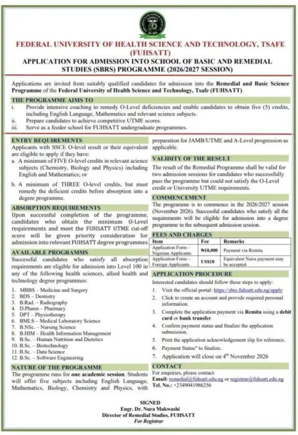 FUHSATT Opens Admission for 2026/2027 Remedial and Basic Studies Programme