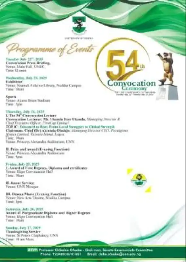 UNN announces 54th convocation ceremony