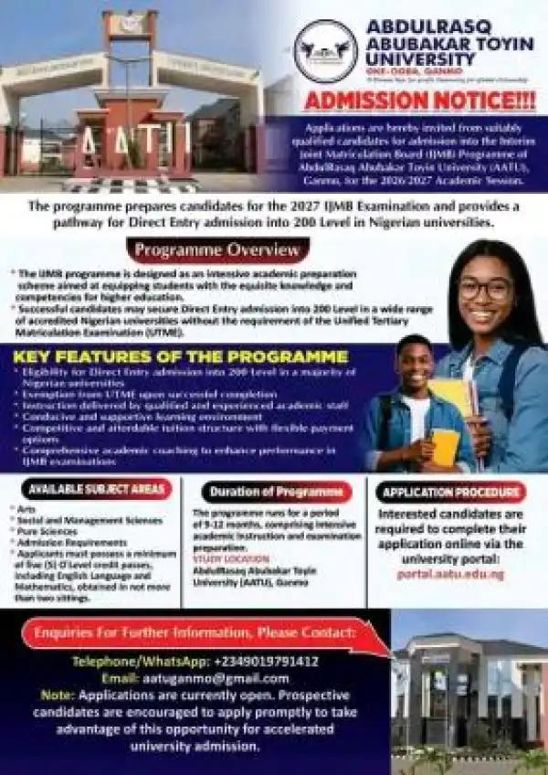 AbdulRasaq Abubakar Toyin University (AATU) IJMB admission, 2026/2027