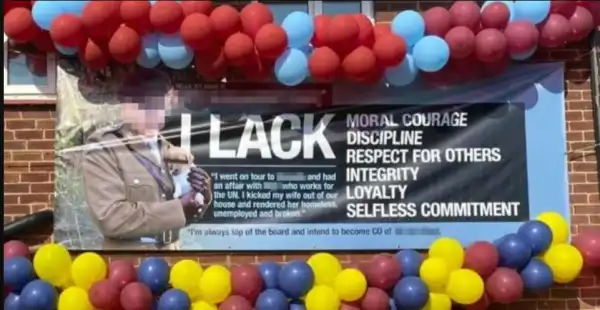 Scorned Wife Puts Up Balloons And Banners To Accuse Her Army Husband Of Cheating