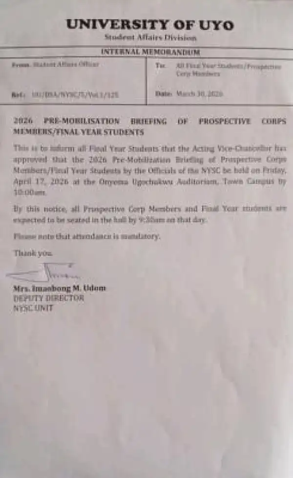 UNIUYO notice on pre-mobilization of prospective Corps Members/Final Year