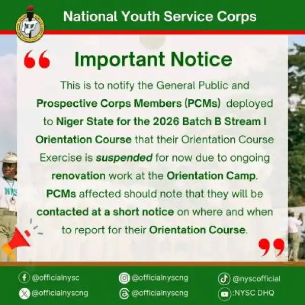 NYSC postpones 2026 Batch B Stream I Orientation Course in Niger State