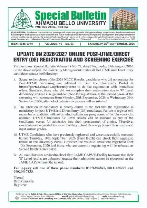 ABU update on Post-UTME screening exercise, 2026/2027