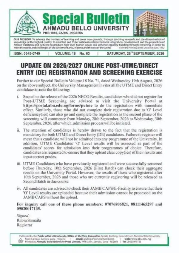 ABU update on Post-UTME screening exercise, 2026/2027