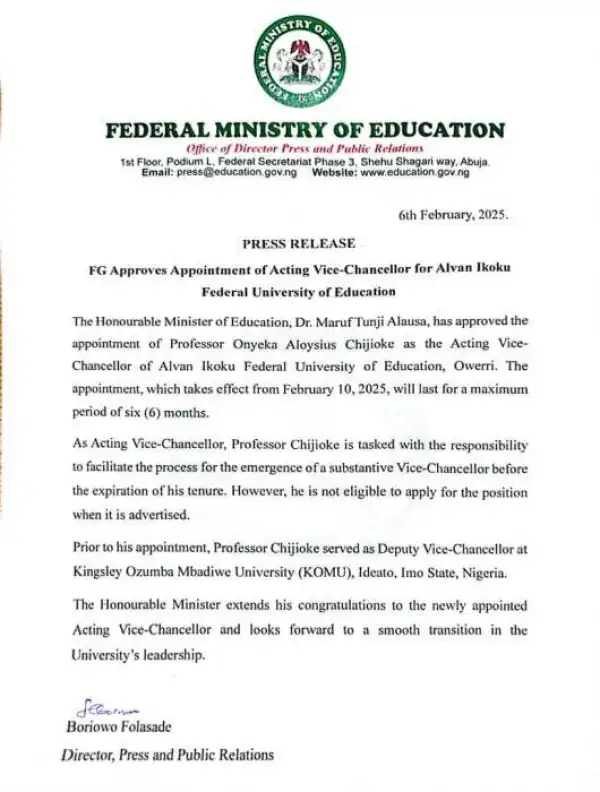 FG approves appointment of Acting Vice-Chancellor for Alvan Ikoku Federal University of Education