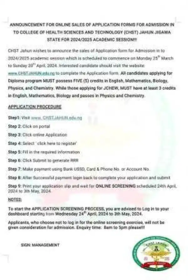 College of Health Science & Tech Jahuh, Jigawa online admission form, 2024/2025