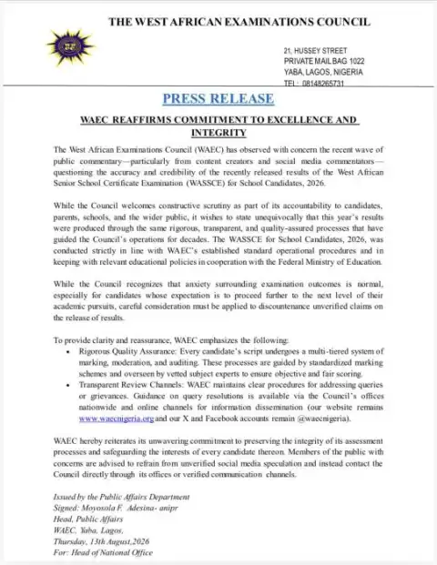 WAEC defends credibility of 2026 WASSCE results
