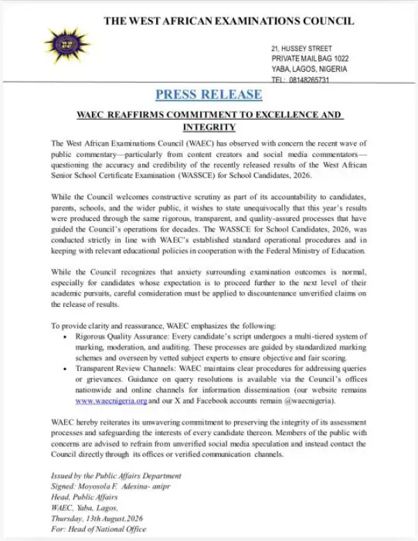 WAEC defends credibility of 2026 WASSCE results