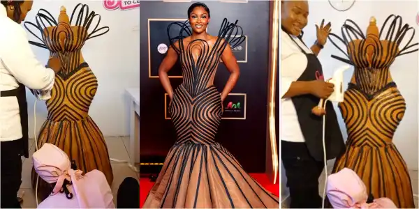 Baker bakes huge cake inspired by Osas Ighodaro AMVCA outfit, netizens gush