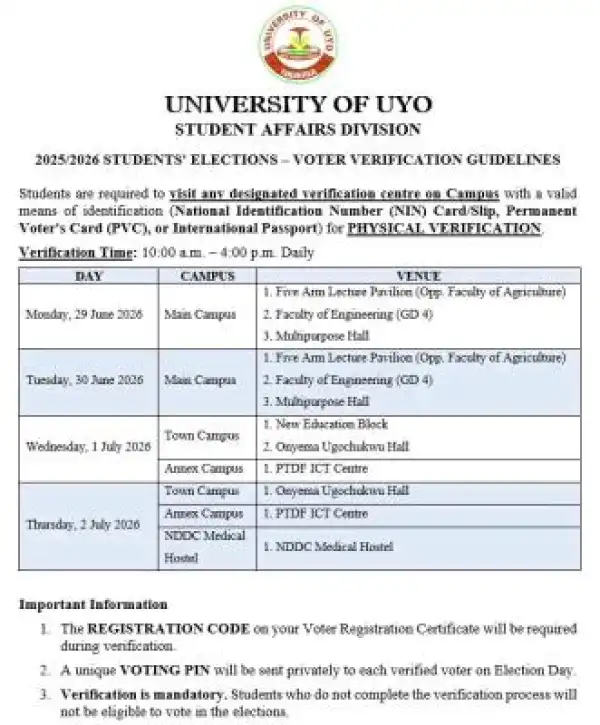 UNIUYO verification guidelines for Students