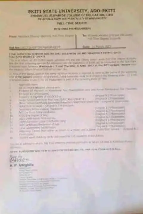 EACOED-EKSU final screening exercise for 2022/2023 students