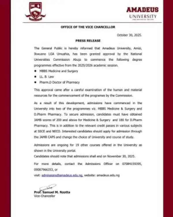 Amadeus University receives NUC approval to commence new degree programs