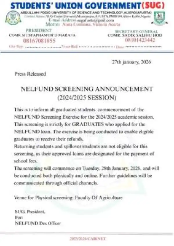 AFUSTA SUG announces NELFUND screening exercise for graduates