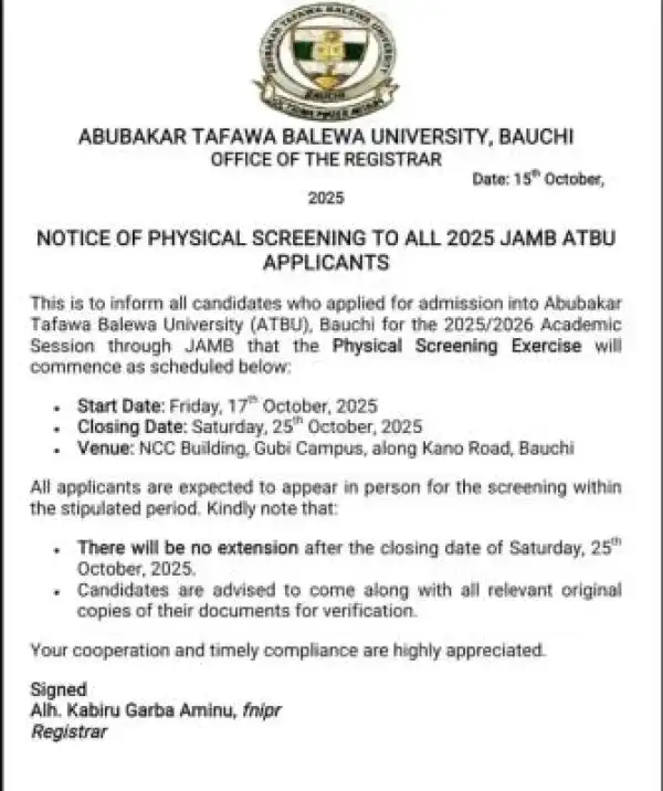 ATBU announces physical screening for 2025 prospective students