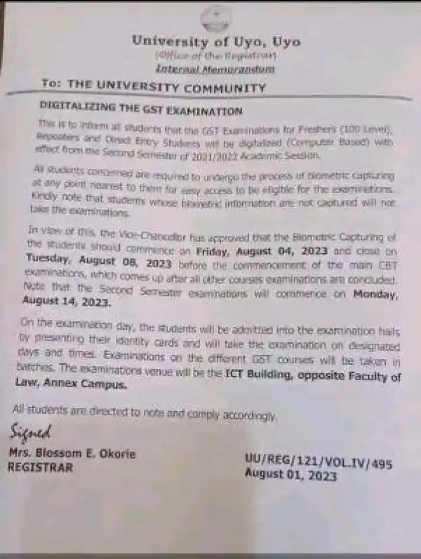 UNIUYO notice on digitalizing GST examinations