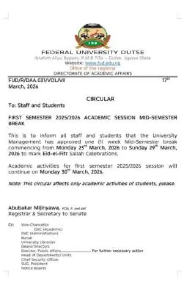 Federal University Dutse Mid-Semester Break for First Semester 2025/2026 Academic Session