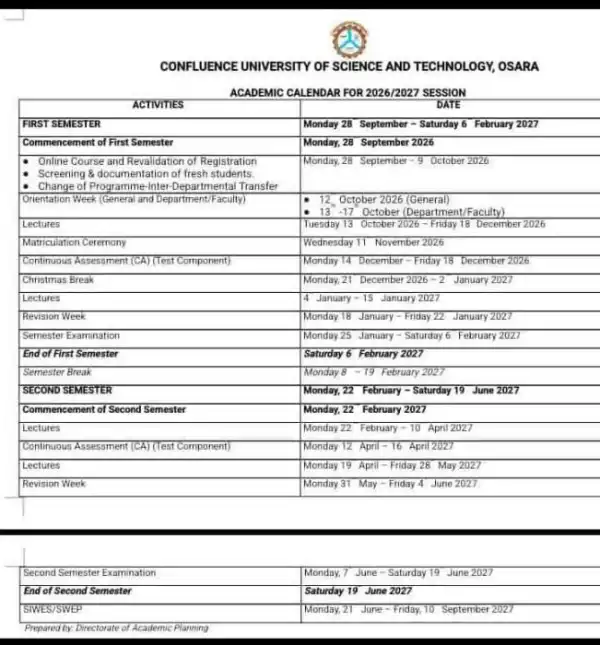 CUSTECH Academic Calendar for 2026/2027 Session
