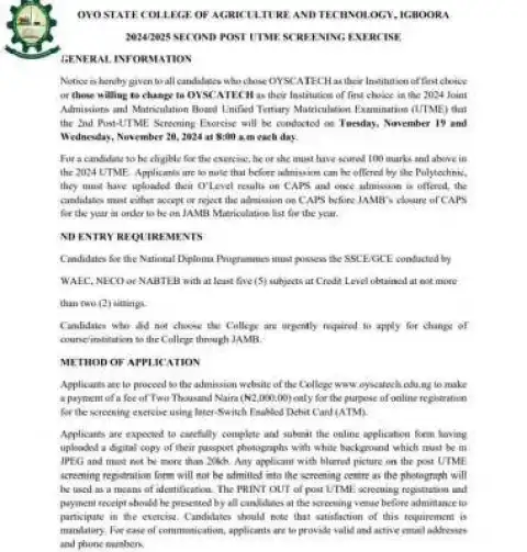 OYSCATECH announces 2nd Post UTME screening exercise for 2024/2025 academic session