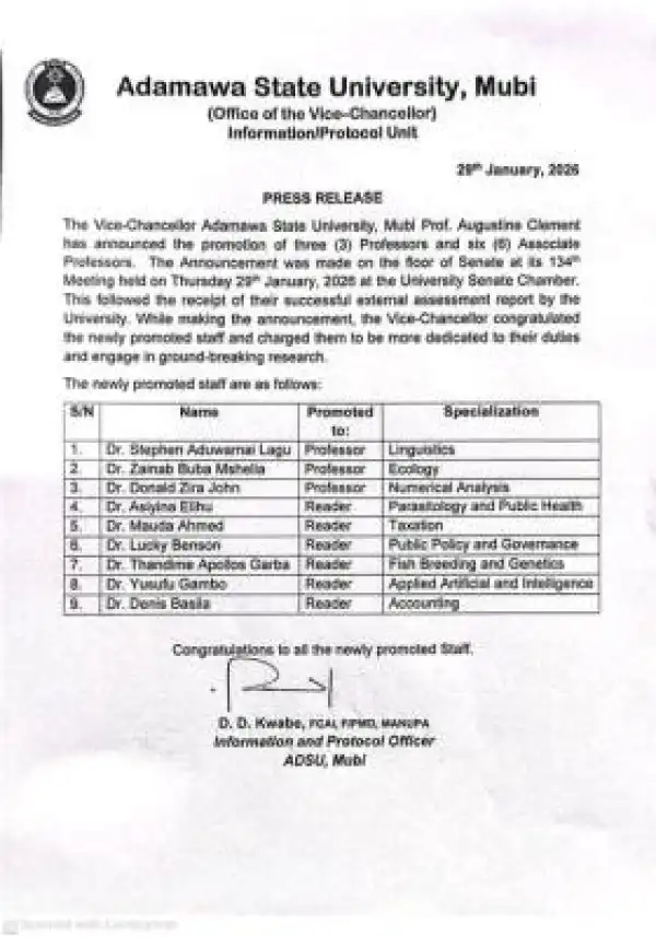 ADSU Promotes Three Professors and Six Associate Professors