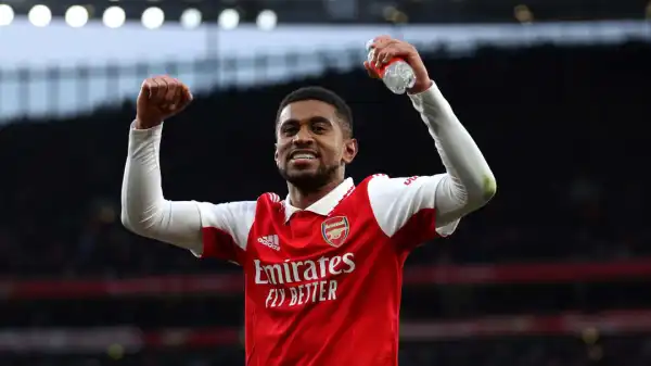 Reiss Nelson reacts to scoring Arsenal