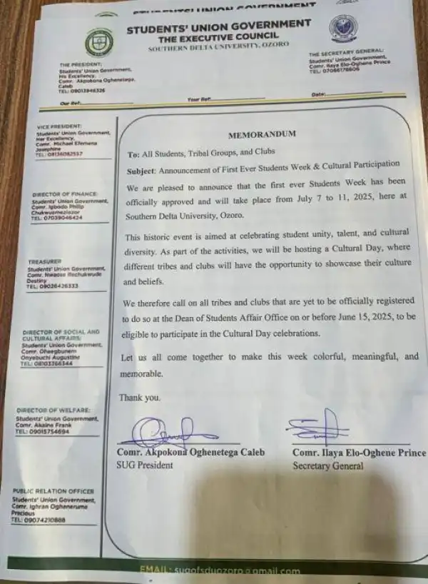Southern Delta University, Ozoro announces SUG week