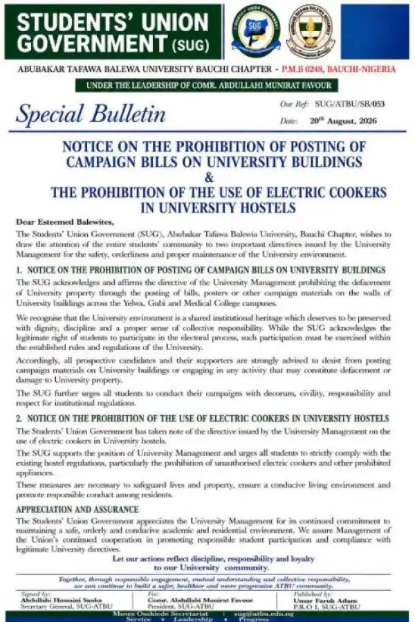 ATBU SUG notice on prohibition of posting of Campaign Bills on buildings & use of electric cookers in hostels