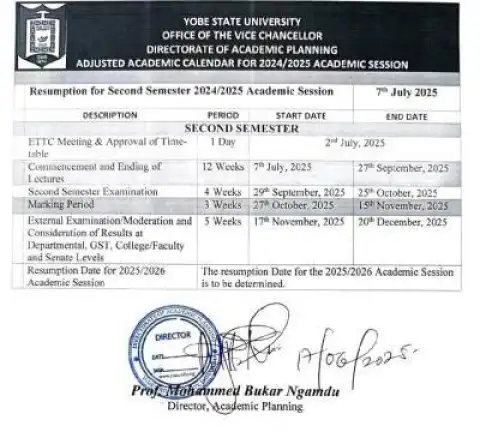 Yobe State University adjusts second semester academic calendar, 2024/2025