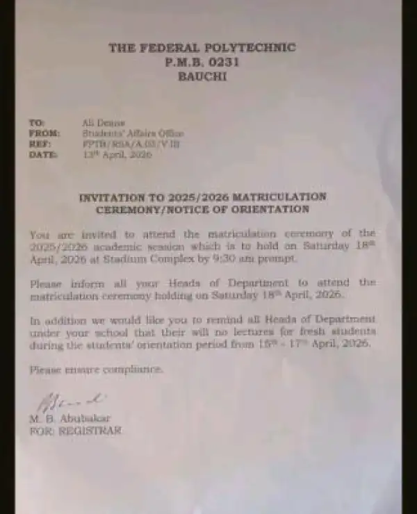 The Federal Polytechnic Bauchi Announces 2025/2026 Matriculation and Orientation Schedule