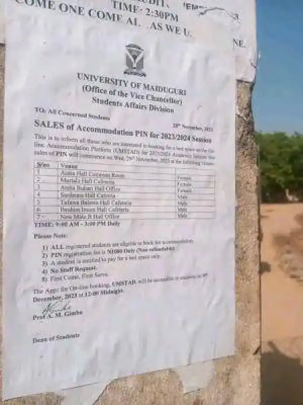 UNIMAID notice on sales of accommodation pins for 2023/2024 session