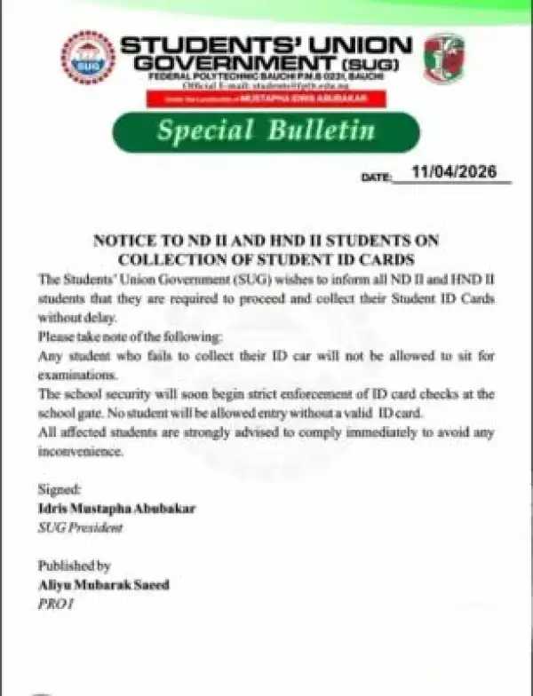 Fed Poly Bauchi notice to NDII and HNDII students on ID cards