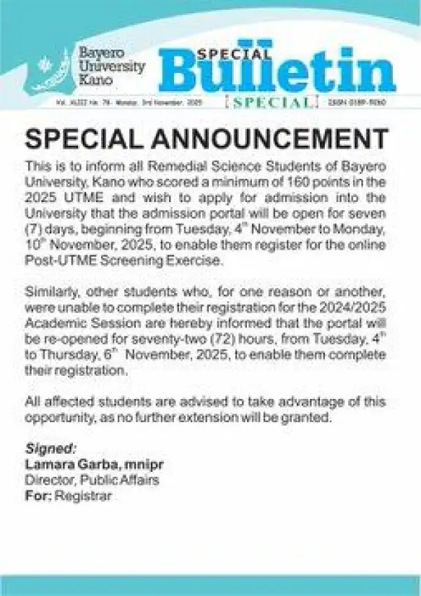 BUK notice to Remedial Students regarding undergraduate admission, 2025/2026