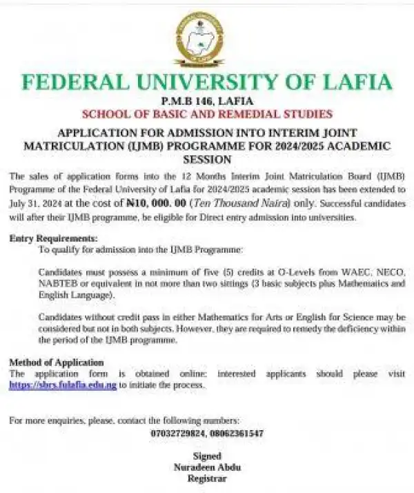 FULAFIA extends deadline for IJMB Admission Form, 2024/2025