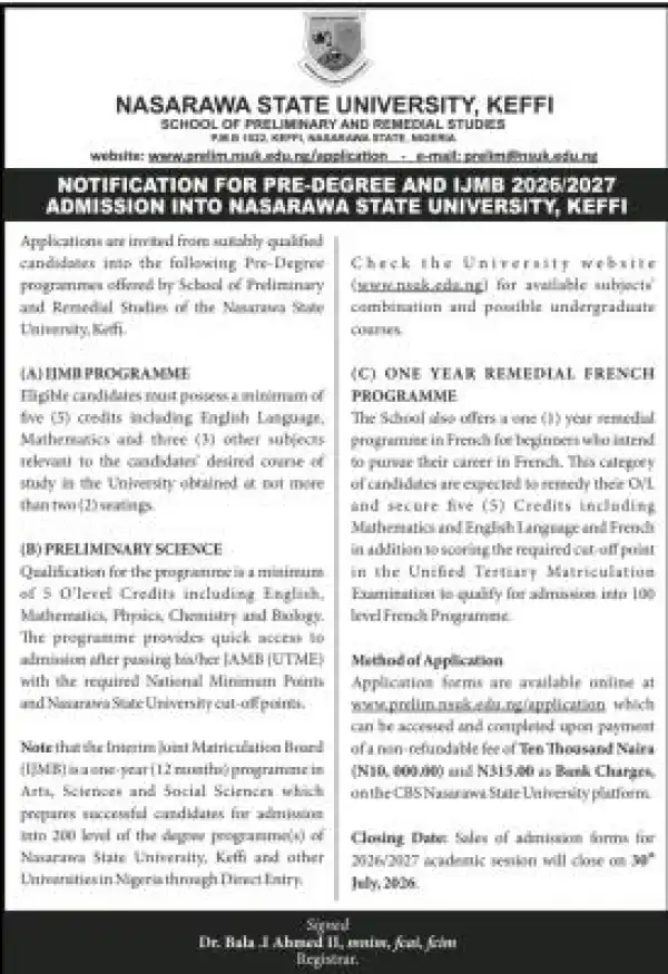 NSUK announces Pre-Degree, IJMB admission forms, 2026/2027