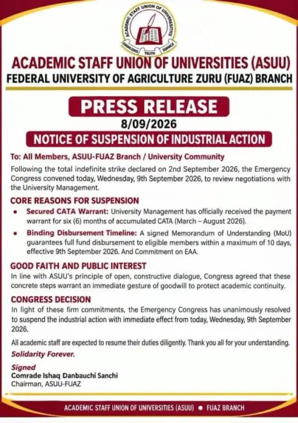ASUU-FUAZ Suspends Industrial Action