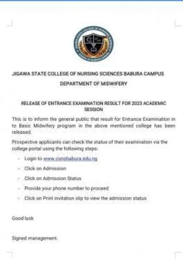 Jigawa State College of Nursing entrance examination results