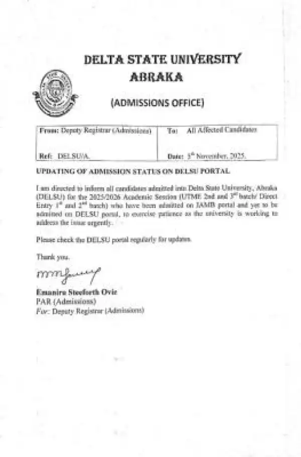 DELSU notice to candidates admitted on JAMB Portal but not on School