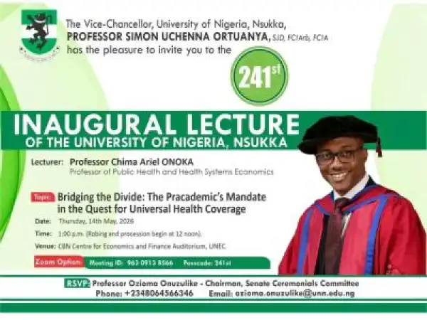 UNN announces 241st Inaugural Lecture