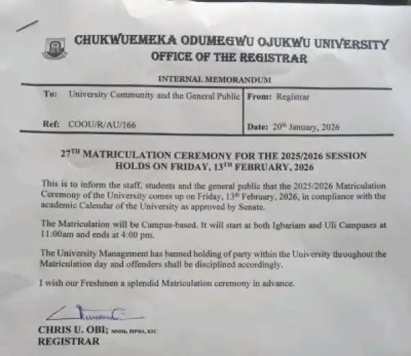 COOU schedule for 27th matriculation ceremony