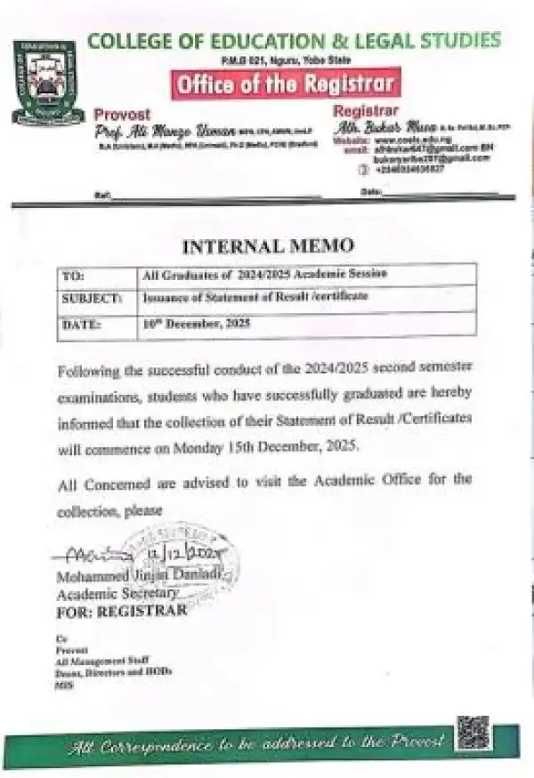 College of Education & Legal Studies, Nguru notice on collection of statement of results