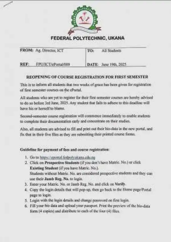 Federal Poly, Ukana issues notice on reopening of course registration for first semester, 2024/2025