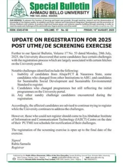 ABU Zaria update on 2025 post UTME/DE registration issues